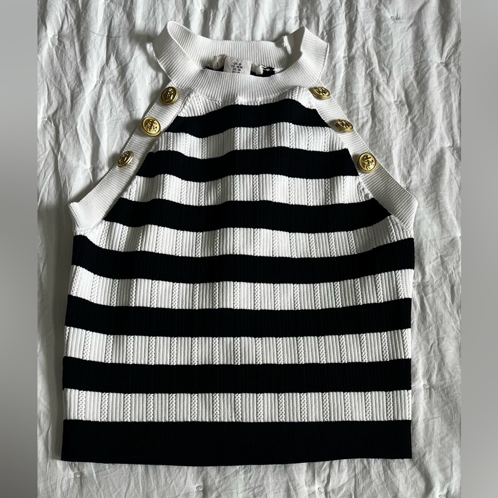 Black and White Striped Top with Gold Buttons